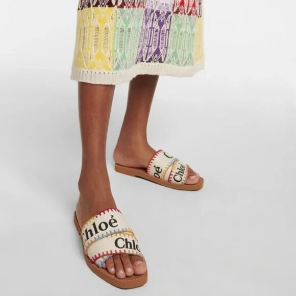 Chloe Woody Sandals Slides Flats Logo Multicolor Stitch Size 38 US size 8 - Picture 2 of 14